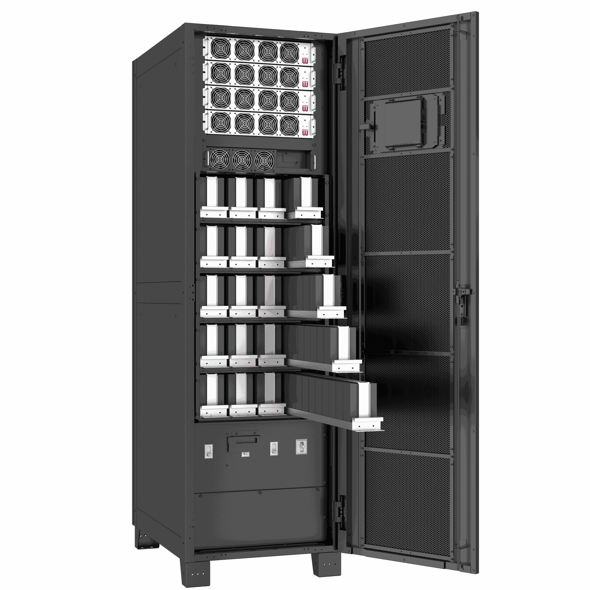Offener Batterieschrank mit Modulen und Lüftern